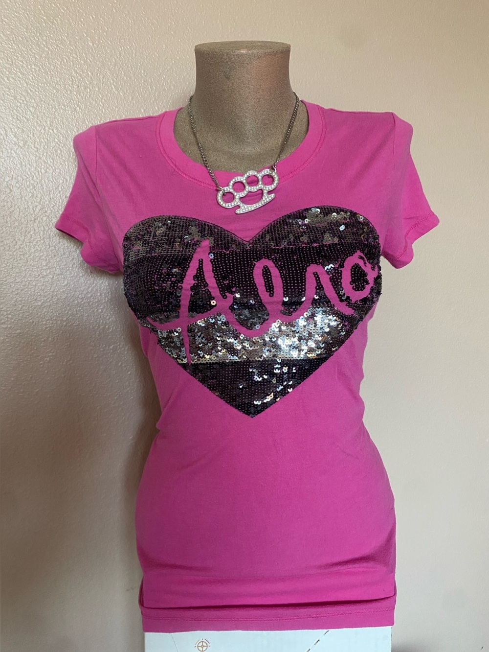 Y2k Aeropostale Hot Pink Fitted Baby Tee with Black Striped Sequin Heart Design